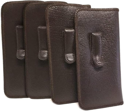 Calabria Soft Slip-In Glasses Case Pocket Metal Clip Brown (4 Pack) for Men/Women Synthetic Leather Felt Lining 6.5"x3"