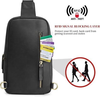 S-ZONE Sling Bag for Men Women RFID Blocking Top Grain Leather Crossbody Shoulder Bag Chest Hiking Daypack Travel