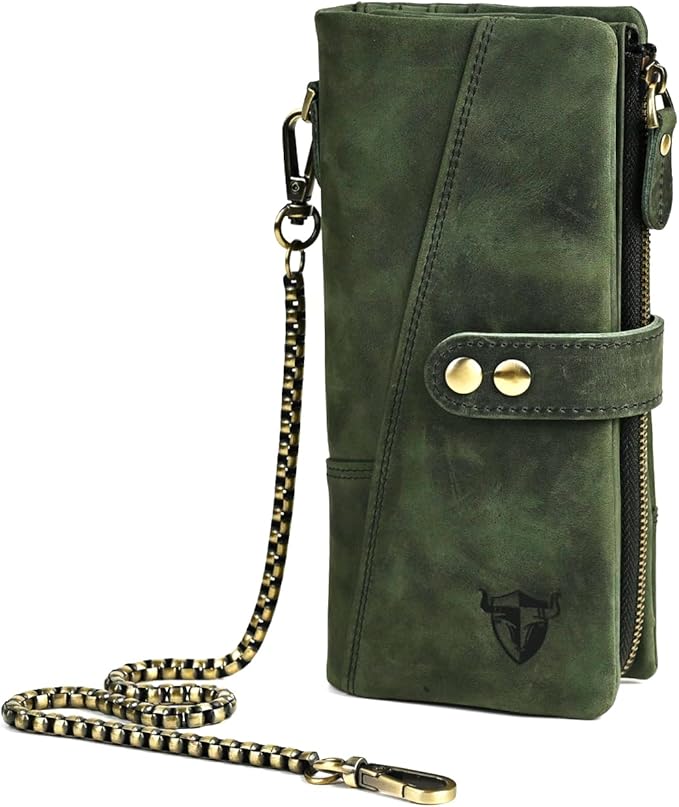 Genuine Crazy Horse Leather Travel Gift Coin Pocket Card Case Long Organizer Chain Rfid Wallet Purse With Snap For Men Male 1803 1815 (1803 The Green2)