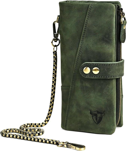 Genuine Crazy Horse Leather Travel Gift Coin Pocket Card Case Long Organizer Chain Rfid Wallet Purse With Snap For Men Male 1803 1815 (1803 The Green2)