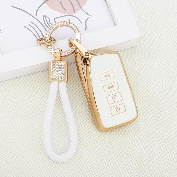 PIFOOG for Lexus Key Fob Cover White Gold Soft TPU 4 Button Car Keys Case Shell Full Protector Bling Keychain for Lexus NX RX GS IS ES LS RC Smart Keys Accessories Girly Women Cute
