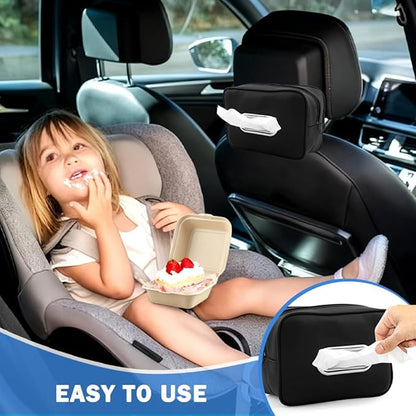 Car Tissue Box Holder, Backseat Rectangular Napkin Holder with 4 Hooks, Small 7.5in PU Leather Napkin Organizer with Metal Ring for Easy Pulling, Fits Headrest, Dashboard & Sun Visor(Color:Black)