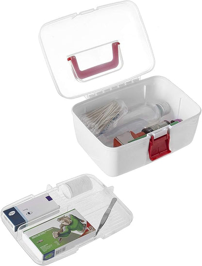 MyGift 10 Inch Multipurpose Portable White Plastic Storage Box with Removable Tray, Clear Lid and and Red Handle and Latch Lock, Home First Aid Storage Tool Box Sewing Kit Organizer Carrying Case