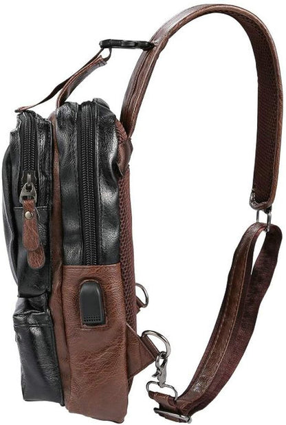 Men's Lightweight PU Leather Sling Bag - Breathable Crossbody Pack with USB Charging Port & 6 Pockets, Easy Access Organizer for Tablet/Gym Essentials - Commute, Travel, Work(Black)