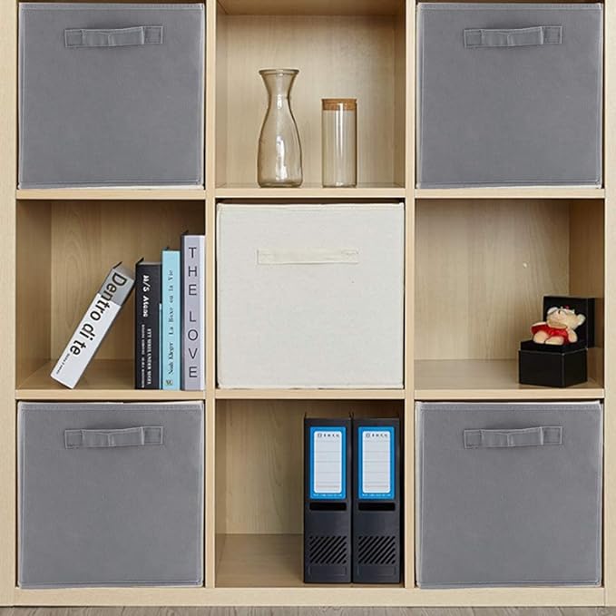 Basics Fabric Clothing Storage Bins - 10.6" x 10.6" x 11" - Collapsible Storage Cubes Organizer with Handles, Linen Foldable Storage Baskets Cloth Box Containers, Closet Organizers 6PC Grey