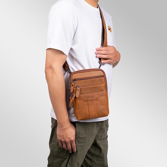 Leather Messenger Bag for Men, Small Leather Sling Shoulder Bag Messenger Pack for Men, Man Purse