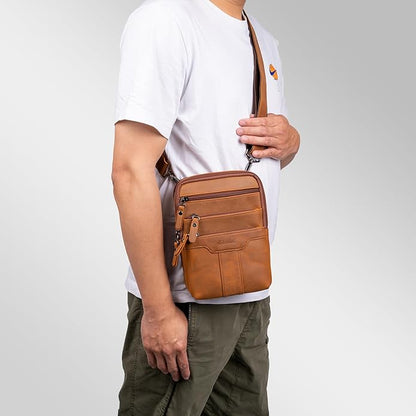Leather Messenger Bag for Men, Small Leather Sling Shoulder Bag Messenger Pack for Men, Man Purse