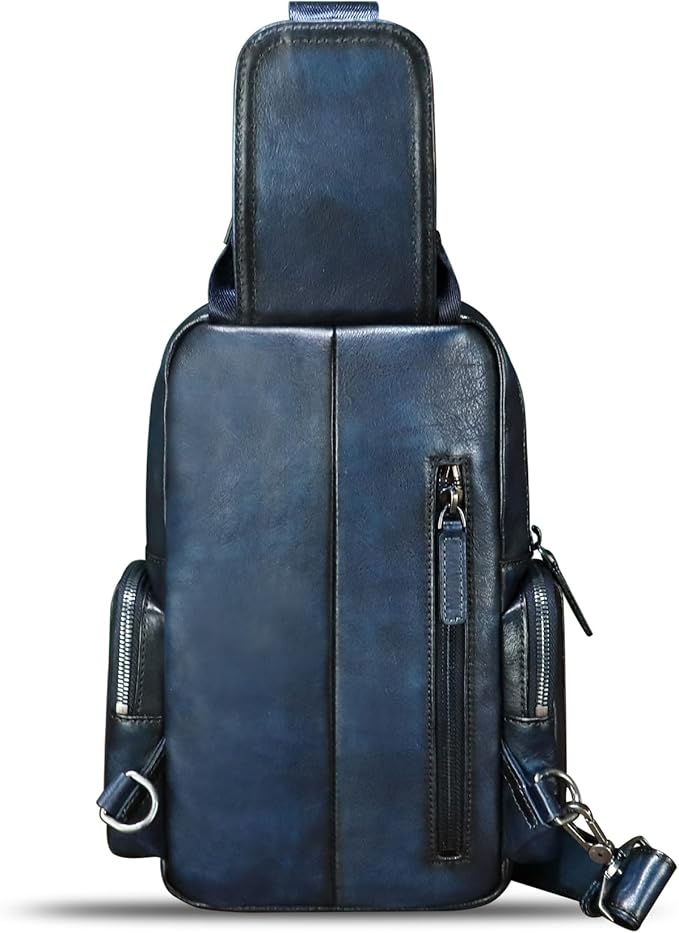 IVTG Genuine Leather Sling Bag Crossbody Casual Hiking Daypack Vintage Handmade Chest Bag Shoulder Backpack Motorcycle Pack (Blue)