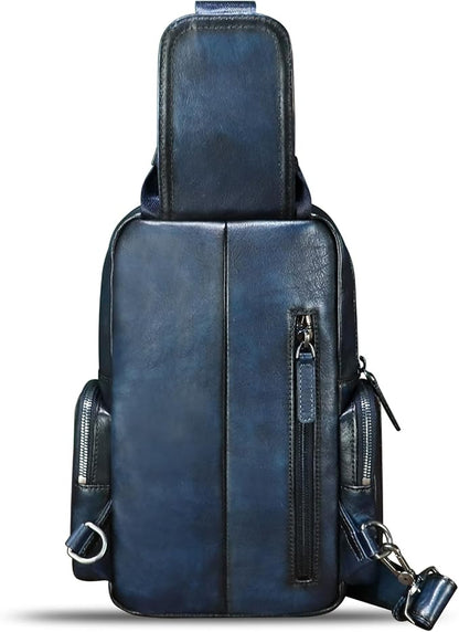 IVTG Genuine Leather Sling Bag Crossbody Casual Hiking Daypack Vintage Handmade Chest Bag Shoulder Backpack Motorcycle Pack (Blue)