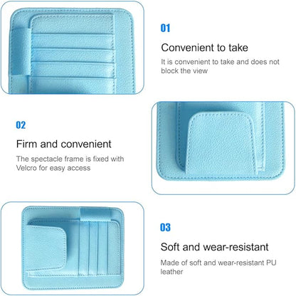 Car Sun Visor Organizer, PU Leather Vehicle Visor Document Storage Pocket for Sunglass Card Pen, Multifunctional Automotive Interior Holder Accessories, Universal Fit (Blue)