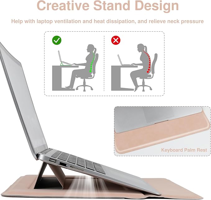 Allinside 13-14 Inch Laptop Sleeve Case for MacBook Pro 14" 2021-2026/MacBook Air 13" 2010-2017/MacBook Pro 13" 2010-2015, Waterproof PU Matte Leather Sleeve with Stand & Accessory Pouch, Pale Pink