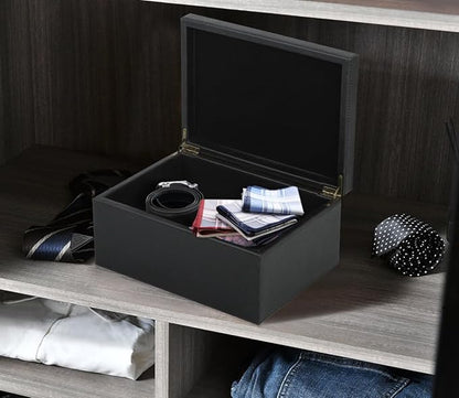 HofferRuffer Faux Leather Decorative Box, Large Wooden Structure Keepsake Box Accessory Organizer Jewelry Organizer with Hinged Lid, Storage Container for Home or Office (Black)