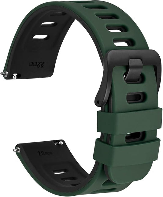 WOCCI 22mm Bicolor Watch Band, Silicone Rubber, Quick Release Replacement Strap for Men and Women, Black Stainless Steel Buckle (Green-Black)