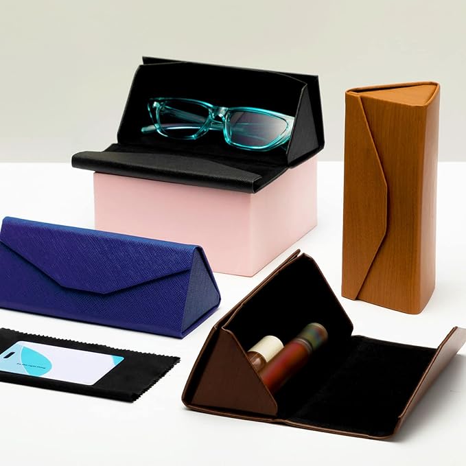 Flutesan 4 Pack Foldable Glasses Sunglasses Case PU Hard Shell Collapsible Eyeglasses Leather Case 4 Cleaning Cloths