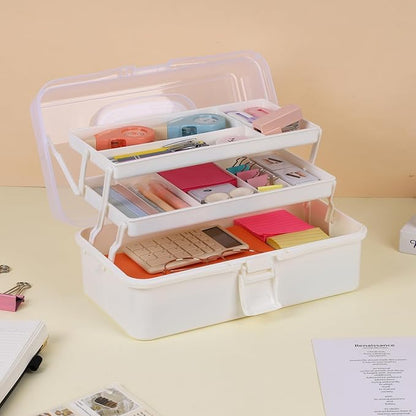 Plastic Tool Box with Handle 3-Layer Craft Organizers Tackle Box Multipurpose Portable Folding Toolbox for Sewing Supplies, Medicine, Art Supplies, Nails and Hair Accessories White 12.5inch