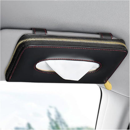 Car Tissue Holder, Sun Visor Napkin Box Premium PU Leather Tissue Case with Zipper, Rectangular Hanging Paper Organizer Mask Dispenser for Sedans SUVs Trucks, Car Accessories (Black)