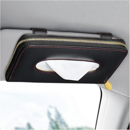 Car Tissue Holder, Sun Visor Napkin Box Premium PU Leather Tissue Case with Zipper, Rectangular Hanging Paper Organizer Mask Dispenser for Sedans SUVs Trucks, Car Accessories (Black)