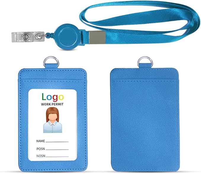 HYCOPROT ID Badge Holder with Lanyard Heavy Duty Retractable PU Leather Vertical Horizontal ID Card Holders with 1 Clear ID Window & 1 Credit Card Slot for Office Driver Licence (Vertical, Sky Blue)