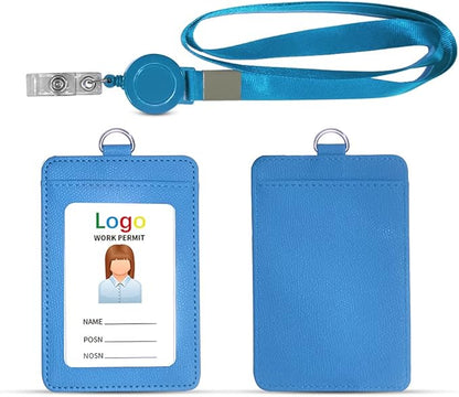 HYCOPROT ID Badge Holder with Lanyard Heavy Duty Retractable PU Leather Vertical Horizontal ID Card Holders with 1 Clear ID Window & 1 Credit Card Slot for Office Driver Licence (Vertical, Sky Blue)