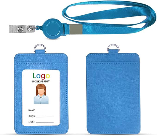 HYCOPROT ID Badge Holder with Lanyard Heavy Duty Retractable PU Leather Vertical Horizontal ID Card Holders with 1 Clear ID Window & 1 Credit Card Slot for Office Driver Licence (Vertical, Sky Blue)