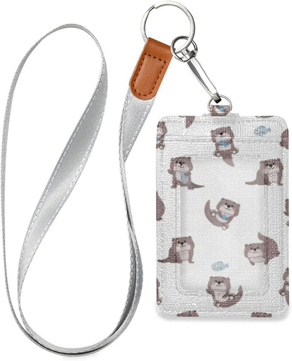Kigai PU Leather Badge Holder Cute Otter Vertical ID Card Holder Wallet with 1 Clear ID Window, 2 Card Slots, 1 Removable Neck Lanyard, for Both Office and School