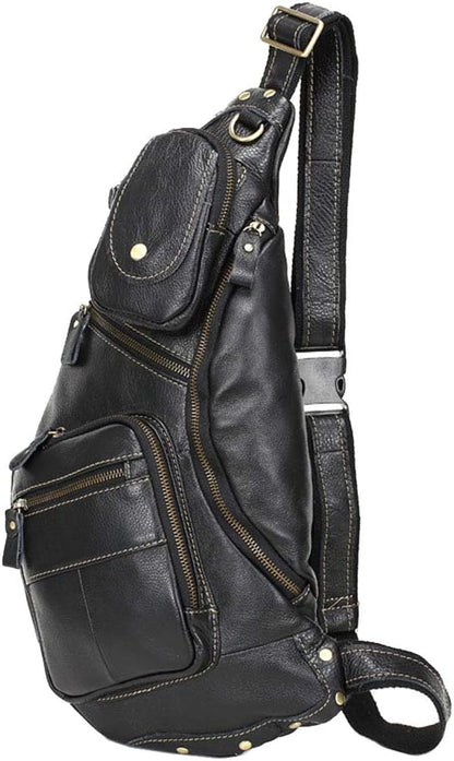Hebetag Vinatge Leather Sling Bag Crossbody Backpack for Men Travel Outdoor Hiking Large Cool Shoulder Chest Pack Bags Daypack