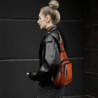 HESHE Leather Sling Bag for Women Crossbody Bags with Multi-Pocket Stylish Fanny Packs for Travel Chest Bag
