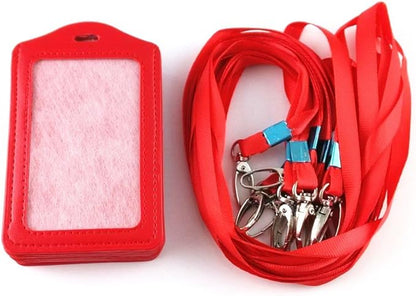 yueton 10pcs Vertical Style Leather Business ID Badge Card Holder, Name Card Business Card Holder Tag with Long Neck Strap Band Lanyard (Red)