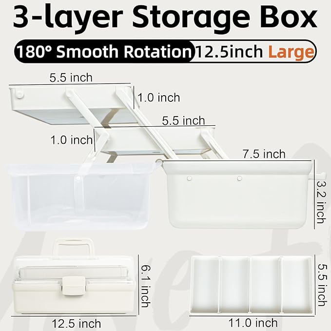 TERGOO 12.5in 3-Layer Multipurpose Craft Organizers and Storage with Adjustable Dividers, Portable Tackle Box, Folding Art & Craft Case for Medicine, Tool, Sewing Organizer (White)