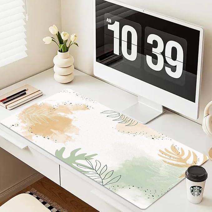 Large Mouse Pad, Desk Mat for Desktop, Dual Side PU Leather Waterproof Gaming Mousepad Desk Pad, Desk Protector Writing Pads Desk Accessories for Office and Home (E-Watercolor Plants, 31.5''X15.8'')