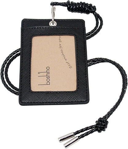 Boshiho Vertical Style Leather ID Card Badge Holder with Heavy Duty Lanyard (Black)