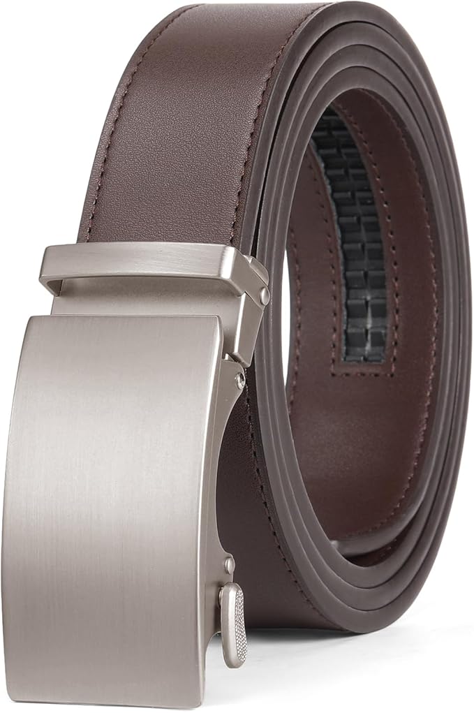 SENDEFN Men's Leather Belt Automatic Ratchet Buckle Slide Belt for Dress Casual Trim to Fit with Gift Box
