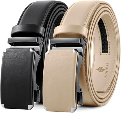 DOOPAI Men's 2 Pack Ratchet Dress Belt - Adjustable 1 3/8" Genuine Leather, Size Length Can Be Cut, With Gift Box