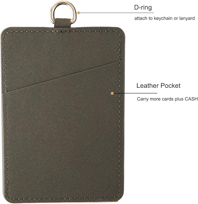 Leather Badge Holder, Vertical ID Card Holder with Clear Window, 2 Elastic Card Slots & Detachable Lanyard for Offices, School (Gray)