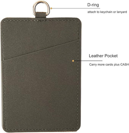 Leather Badge Holder, Vertical ID Card Holder with Clear Window, 2 Elastic Card Slots & Detachable Lanyard for Offices, School (Gray)