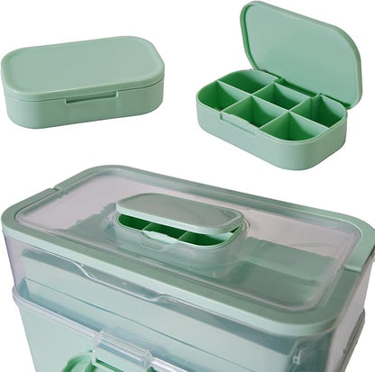 Portable Clear Medicine Box Empty, Family First Aid Dispenser/Art & Crafts Case/Folding Tool Organizer/Multipurpose Storage Container 3-Layers Storage Bin for Family Emergency (Green)
