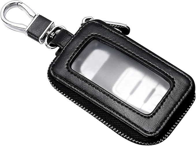 Leather Car Key Fob Case, 2.2" x 3.5" Car Key Fob Protective Cover with Zipper and Metal Hook, Double Layer Smart Remote Key Fob Case Holder, Universal Keychain Bag for Most Cars (Black)