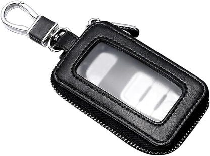 Leather Car Key Fob Case, 2.2" x 3.5" Car Key Fob Protective Cover with Zipper and Metal Hook, Double Layer Smart Remote Key Fob Case Holder, Universal Keychain Bag for Most Cars (Black)
