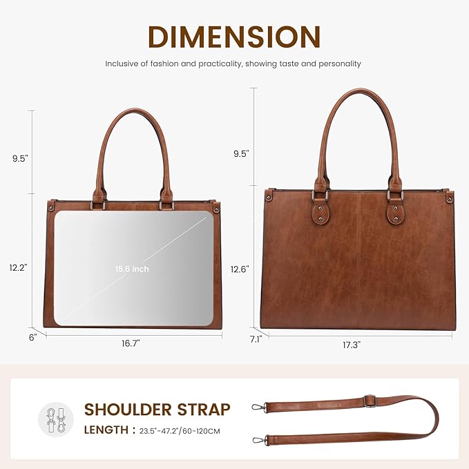 LOVEVOOK Laptop Tote Bag for Women, 17.3 Inch Large Capacity Vintage Leather Work Computer Bag, Business Casual Shoulder Handbag, Dark Brown