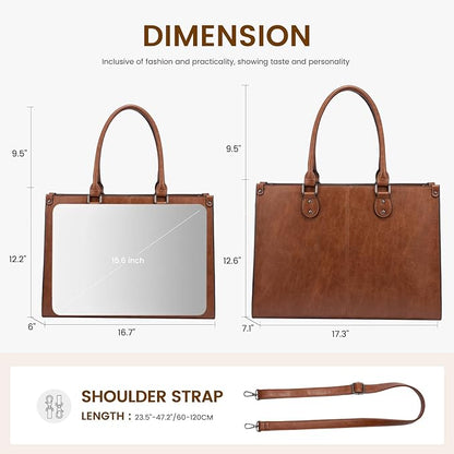 LOVEVOOK Laptop Tote Bag for Women, 17.3 Inch Large Capacity Vintage Leather Work Computer Bag, Business Casual Shoulder Handbag, Dark Brown