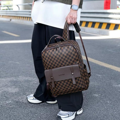 Retro men's business plaid backpack can hold a 15.6-inch laptop, women's stylish travel waterproof leather backpack. (brown cicle-16.1inch)