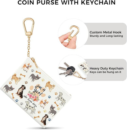 Cute Dogs Keychain Coin Purse for Women, Small PU Leather Change Pouch, Zipper Little Tiny Travel Wallet for Girls Puppy Lovers, Cute Kawaii Zip Pocket Coin Holder with Key Ring
