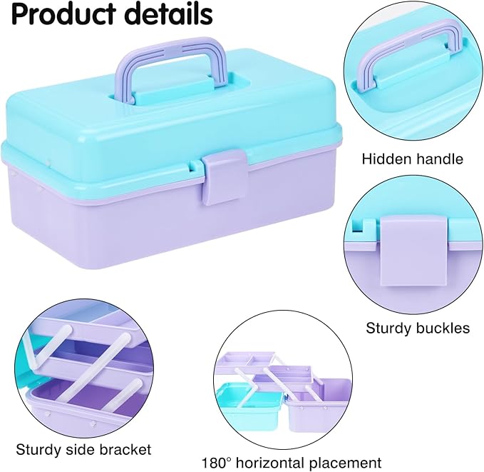 Sewing Box, 3-Layer Craft Organizers Portable Folding Toolbox, Plastic Tool Box with Handle for Sewing Supplies, Medicine, Art Supplies, Nails and Hair Accessories 12.5inch