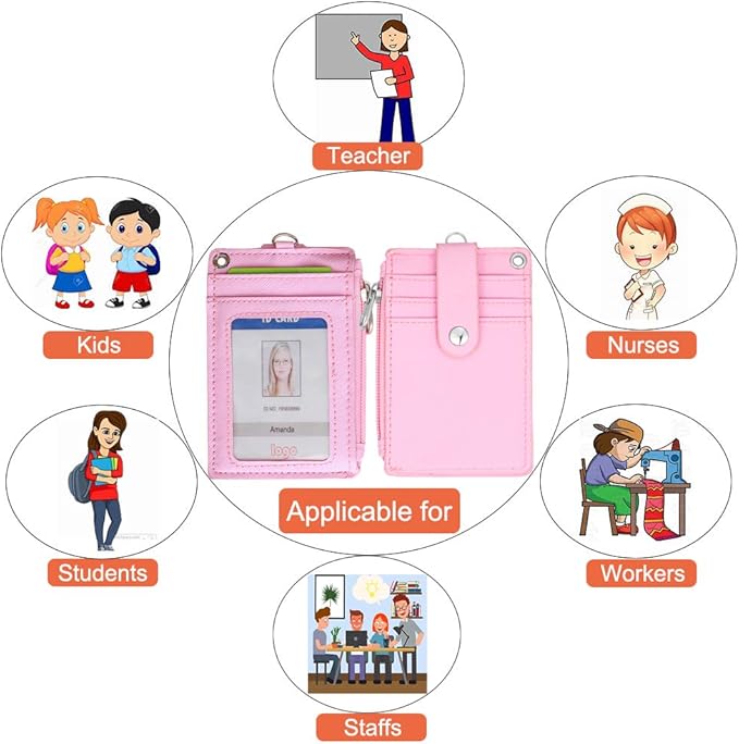 HASFINE ID Badge Holder with Lanyard,2 Sided 5 Card Slots ID Card Holder Wallet with PU Leather Zipper Pocket and Detachable Keychain Lanyard for Teens Women(Pink)