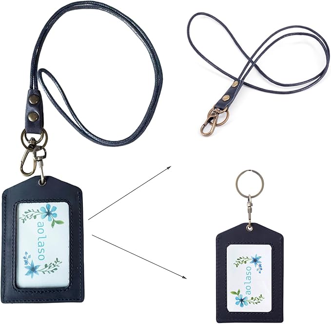 Badge Holder Vertical Handmade Leather ID Card Badge Holder Keychain with Heavy Duty Lanyard for Men Women (Black Leather)