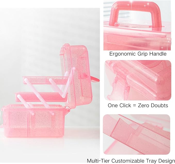 Saim Small Parts Organizer, 3-Layer Storage Box with Fixed Compartments, Ready-to-Use Portable Makeup & Hair Accessories Case, Craft Organizer for Girls Teens College Dorm - Light Pink