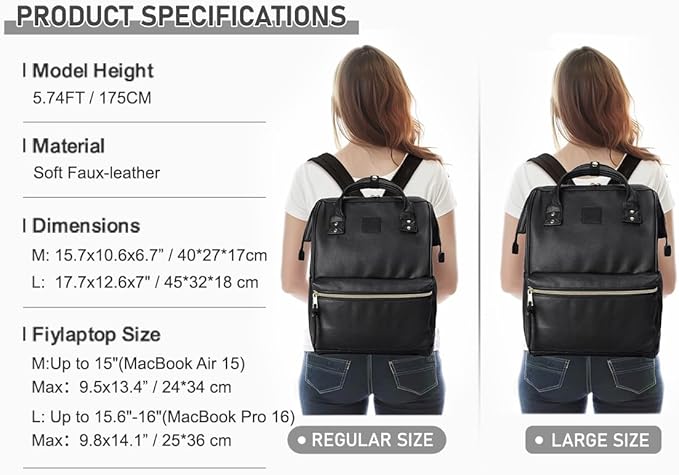 Kah&Kee Leather Laptop Backpack for Women, 15.6-16 Inch Professional Work Bag, Water-Resistant Vegan Leather Doctor Bag Backpack for Teacher, Nurse & Travel, Fits MacBook Pro 16 (Black,Large)