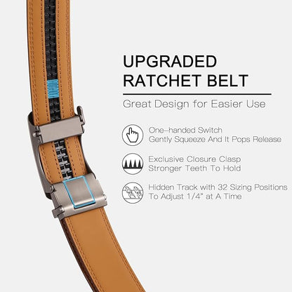 SENDEFN Men's Leather Belt Automatic Ratchet Buckle Slide Belt for Dress Casual Trim to Fit with Gift Box