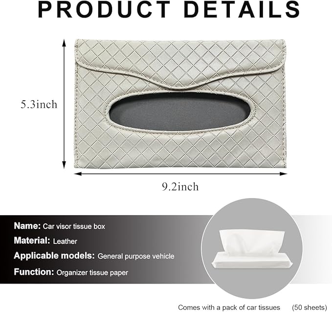 Car Tissue Holder, PU Leather Sun Visor Hanging Paper Napkin Dispenser with Tissue Refill, Backseat Mask Towel Case Visor Organizer with Magnetic Closure, Car Accessories (Beige)