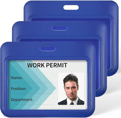 Uniclife 3 Pack Sliding ID Badge Holder Blue Horizontal Hard Plastic Case with Clear Window Card Protector Pouch for Office School ID Credit Cards Proximity Key Cards Driver’s Licenses and Passes